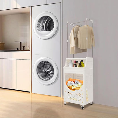 Rolling Laundry Hamper with Hanging Rod, 3-Tier Laundry Hamper Cart with 6 Hooks - Image 3