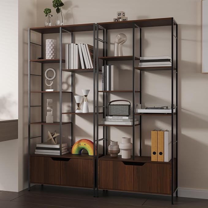 Bookshelf with Doors, 6-Tier Shelf with Storage Cabinet, Industrial Retro - Image 9
