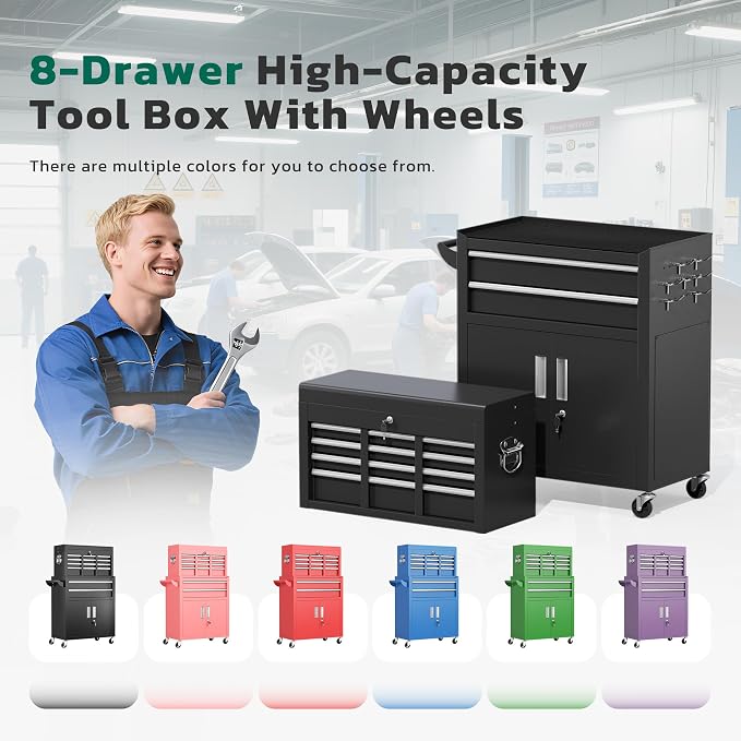 Greenvelly Metal Tool Chest, 8-Drawer Rolling Tool Cart - Image 9