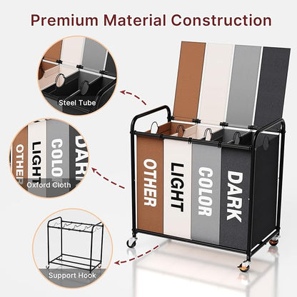 180L Laundry Sorter 4 Section – Heavy Duty Rolling Laundry Basket - Image 4