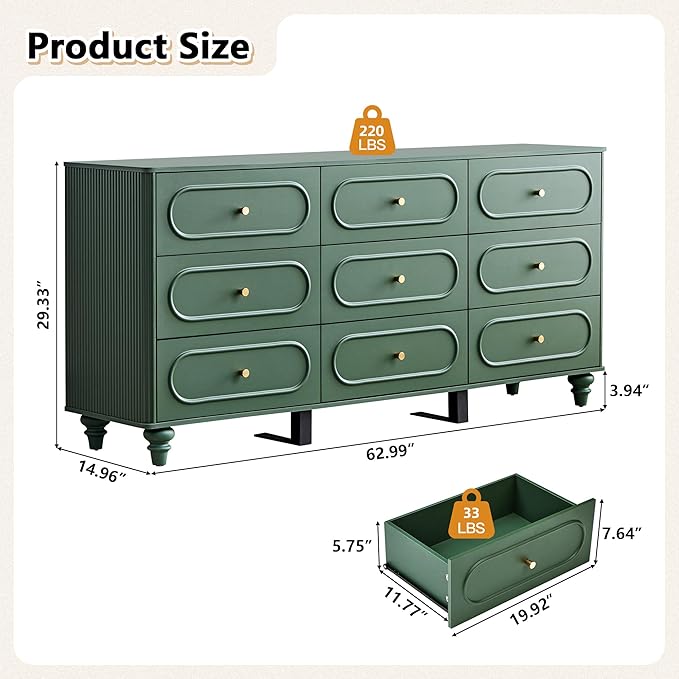 9 Drawer Fluted Dresser for Bedroom, Mid Century Modern Chest of Drawers - Image 2