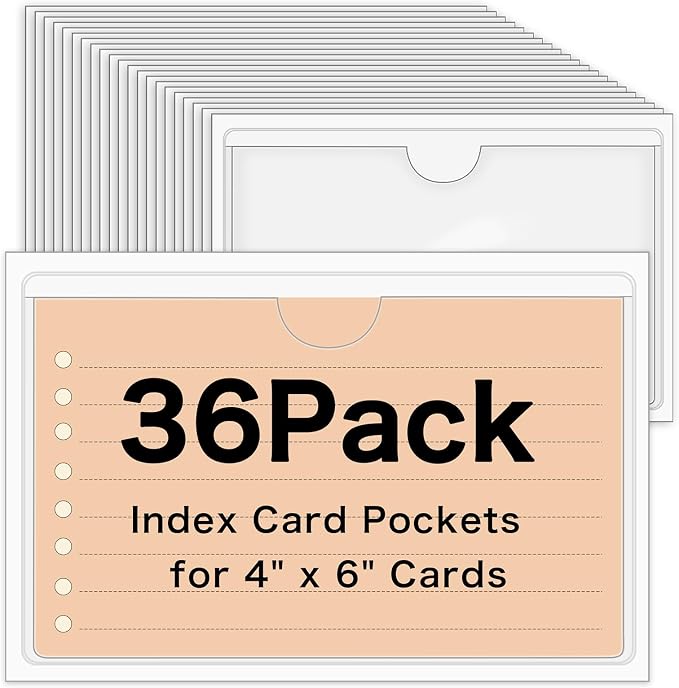 36 Pack Adhesive 4" x 6" Index Card Pockets Clear Plastic Labels Holders | PVC by BESARME