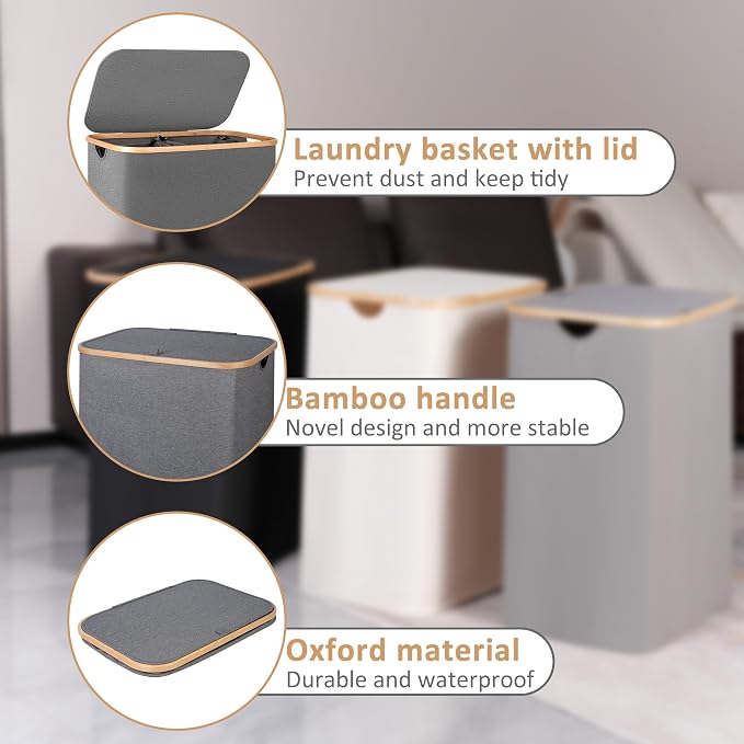 iEGrow Laundry Basket with Lid, 160L Laundry Hamper with Bamboo Handle - Image 2