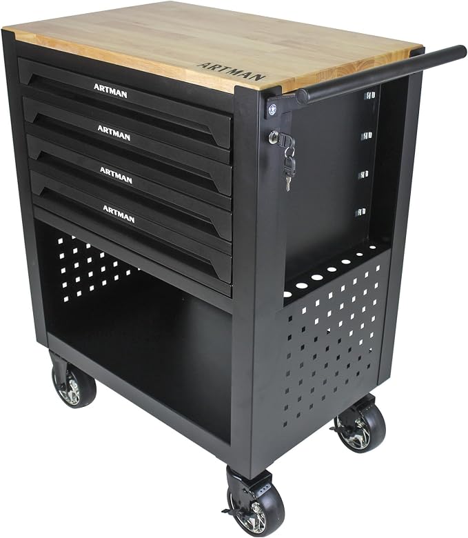 36" Tool Box with Wheels 4 Drawers Rolling Tool Cart, Wooden Top Workbench - Image 4