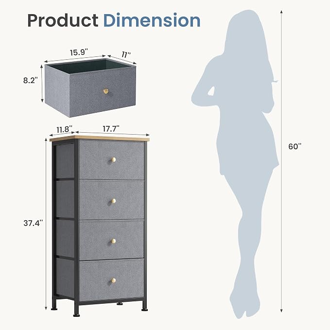 DUMOS Nightstand with 4 Drawers Bedside Table with Removable Fabric Bins Sturdy - Image 3