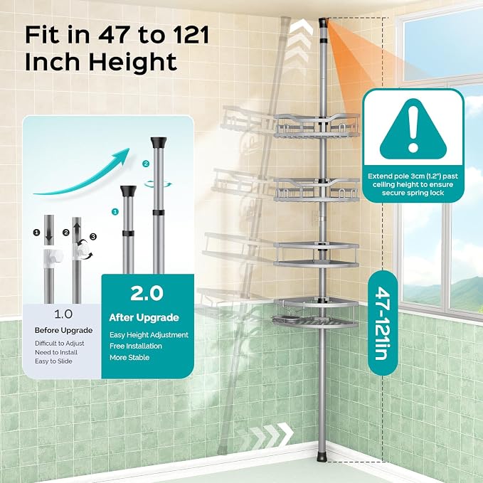 HAMITOR Corner Shower Caddy Tension Pole: Rustproof 4-Tier Bathroom Organizer - Image 4