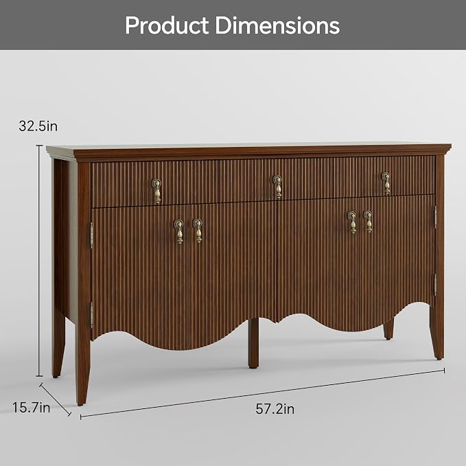 FUSUNBAO 57" Fluted Sideboard Buffet, Retro Storage Cabinet, Walnut | 3 Drawers - Image 2