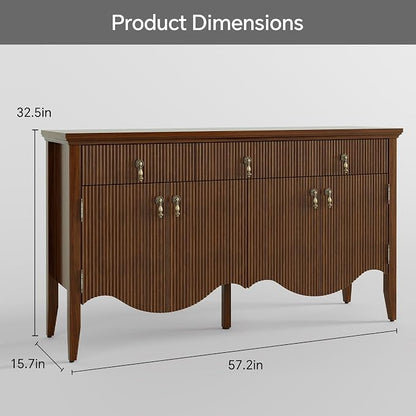 FUSUNBAO 57" Fluted Sideboard Buffet, Retro Storage Cabinet, Walnut | 3 Drawers - Image 2