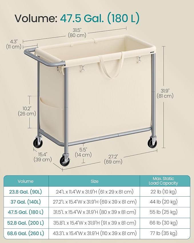 SONGMICS Laundry Basket with Wheels, Rolling Laundry Hamper, 47.5 Gallons - Image 7