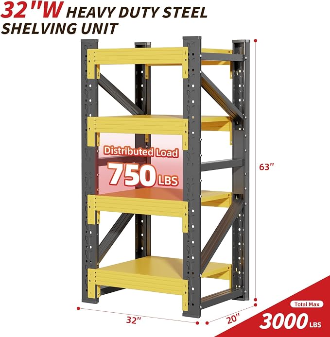 32" W Garage Shelving, 4-Tier Heavy Duty Storage Shelves Unit - Image 2