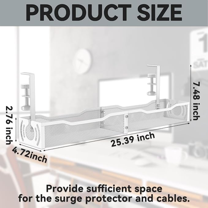 Cable Management, 25.3'' Under Desk Cable Management Tray No Drill, Metal Cable - Image 5