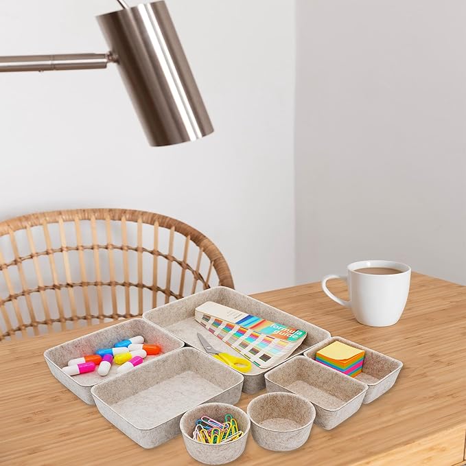 Welaxy 7pc Scandinavian Felt Desk Drawer Organizer Oatmeal Catchall Tray - Image 3