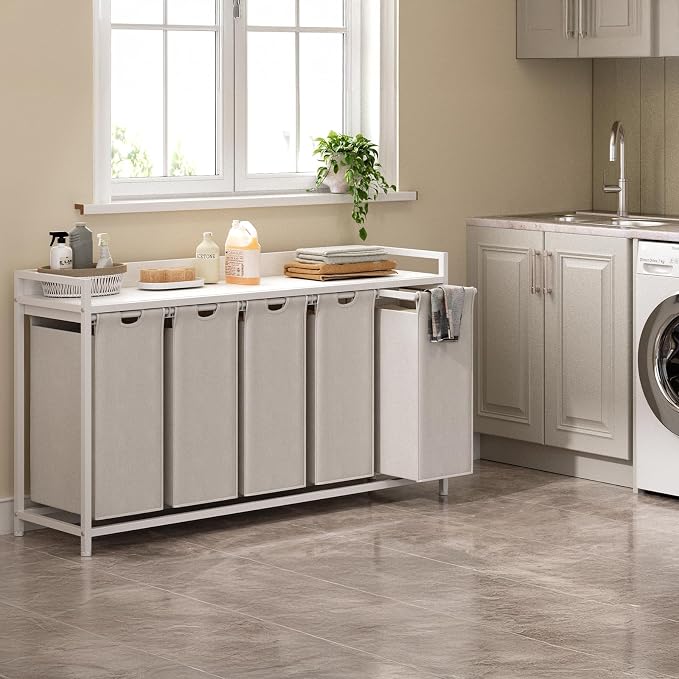 Laundry Hamper with Shelf, Laundry Basket 5 Section, Laundry Sorter with - Image 2