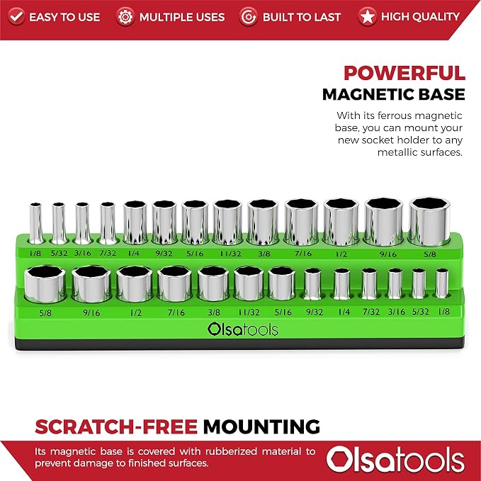 Olsa Tools Magnetic Socket Organizer | 1/4-inch Drive | SAE | Green | Holds 26 - Image 4