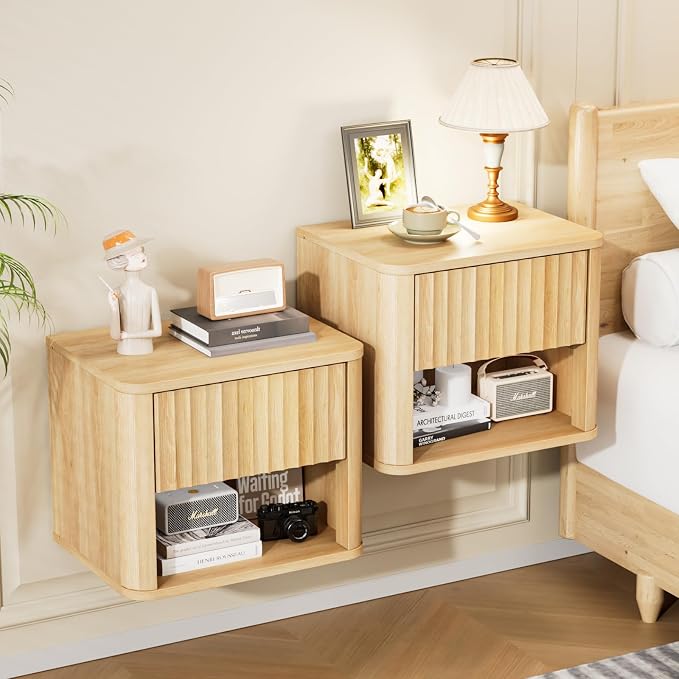 VINGLI Floating Nightstand Set of 2, Fluted Nightstands Rounded Edge, Oak by VINGLI