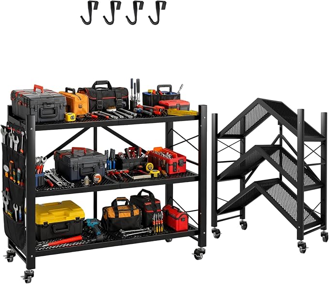 3-Tier Folding Storage Shelves, Heavy Duty Garage Shelving Unit, Adjustable by TANGJEAMER