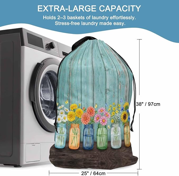 Spring XL Laundry Bag Flower in Bottle Butterfly Vintage Wood Grain Machine - Image 5