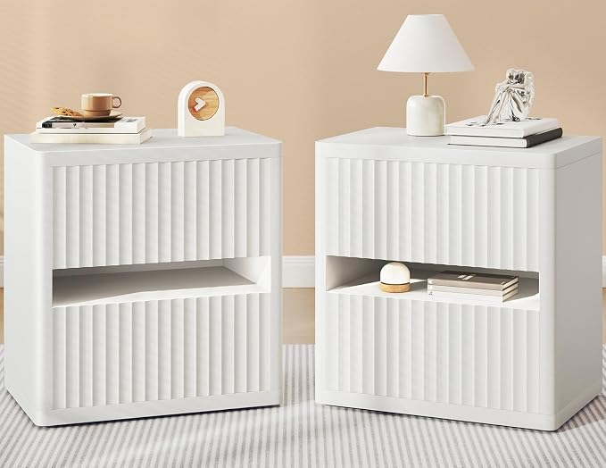 Dripex Fluted Nightstand with 2 Drawers, Large Wide Wood Night Stand Bedside by Dripex
