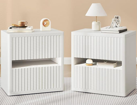 Dripex Fluted Nightstand with 2 Drawers, Large Wide Wood Night Stand Bedside by Dripex