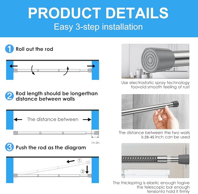 1 Pack Spring Tension Rod, Adjustable 28-45 Inch No Drill, Fits Windows Kitchen - Image 8