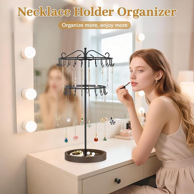 MODOWEY Rotating Necklace Holder Stand Organizer, 2 Tier Adjustable Extra Tall - Image 6