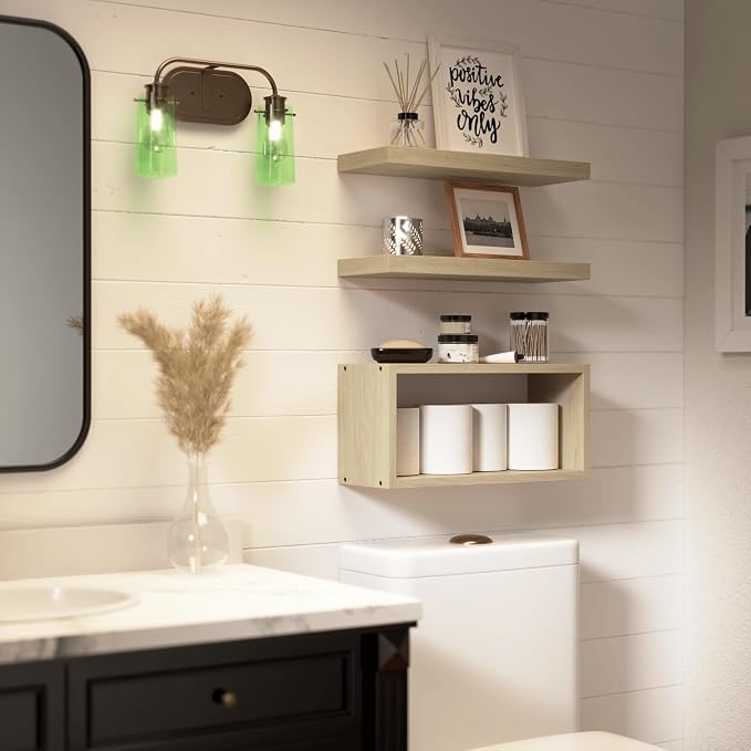 RICHER HOUSE 3-Set Floating Shelves, Natural Bathroom Shelf Over Toilet | Cube - Image 6