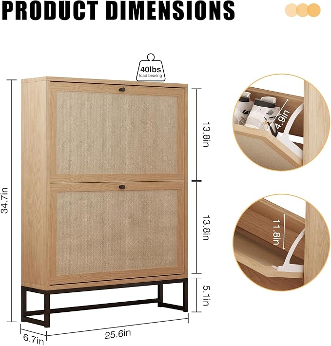 Rattan Shoe Cabinet with 2 Flip Drawers, Simple Setup Hidden Shoe Rack - Image 2