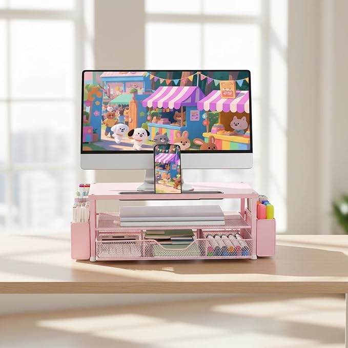 AUPSEN Pink Desk Organizers and Accessories, 2-Tier Wood Computer Monitor Stand - Image 7