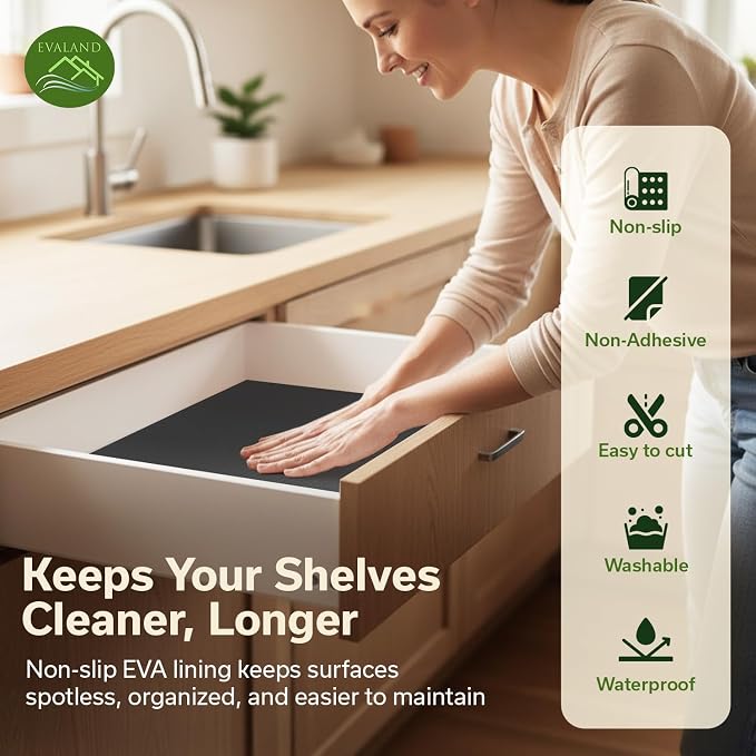EVALAND Shelf Liners for Kitchen Cabinets Non-Adhesive 12" x 33 FT Black Drawer - Image 3