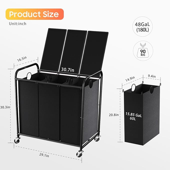 180L Laundry Sorter 3 Section, Rolling Laundry Basket - Image 2
