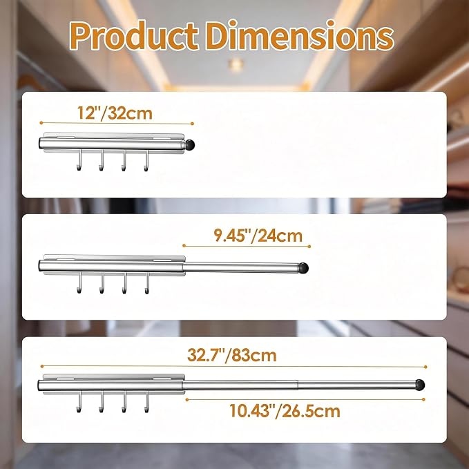 Lewondr 12" Valet Rod for Closet Pull Out, 2 Pack | Adjustable, Heavy Duty - Image 2