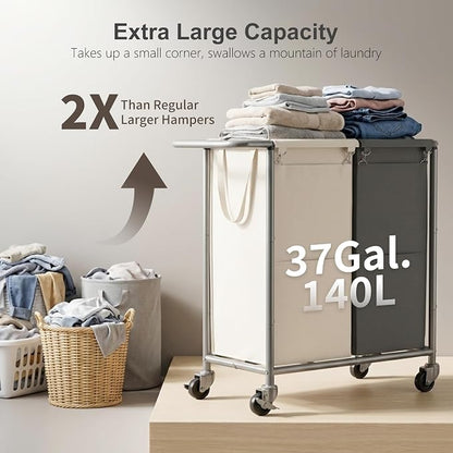 Heybly 2-Section Laundry Sorter Hamper, Rolling Laundry Hamper - Image 2