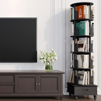 Solid Wood Rotating Bookshelf Tower on Wheels, 5-Tier Spinning Bookcase - Image 6