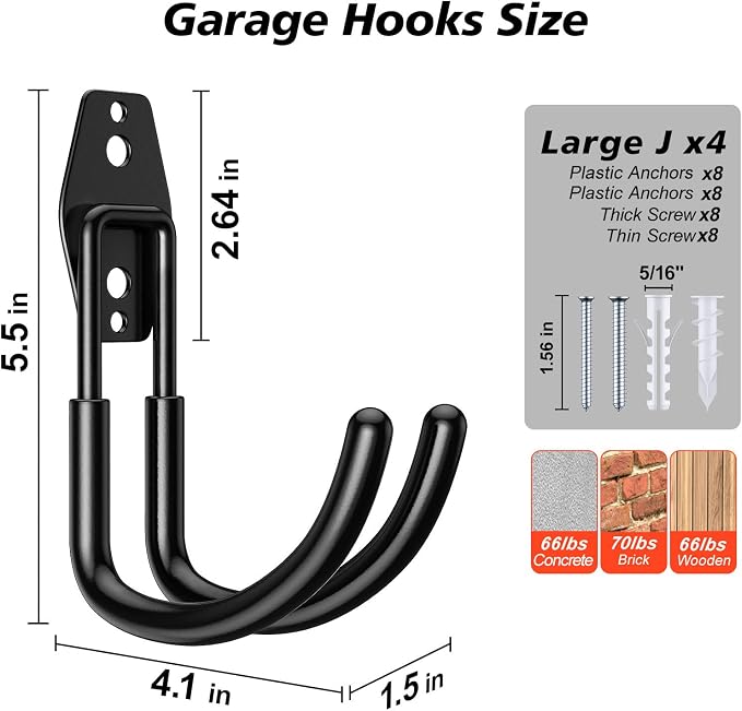 4 Pack Heavy Duty Garage Hooks, Solid Steel Wall Mount Hangers, - Image 2