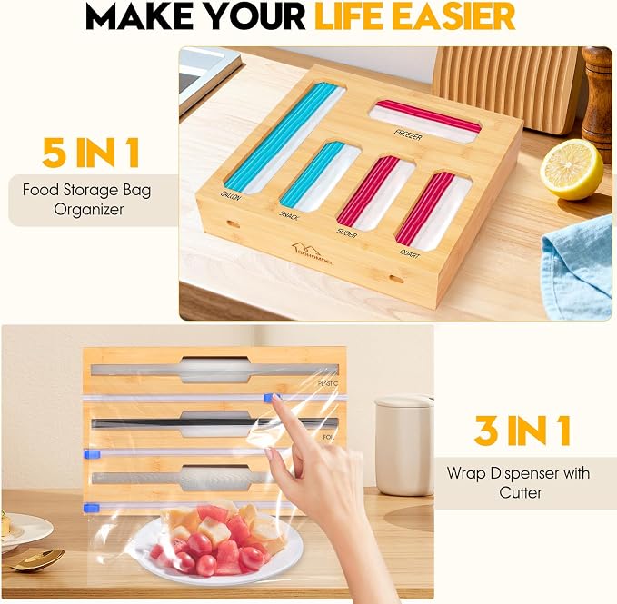 Bamboo Ziplock Bag Organizer for Kitchen Drawer & Wall Mount, Food Storage - Image 5