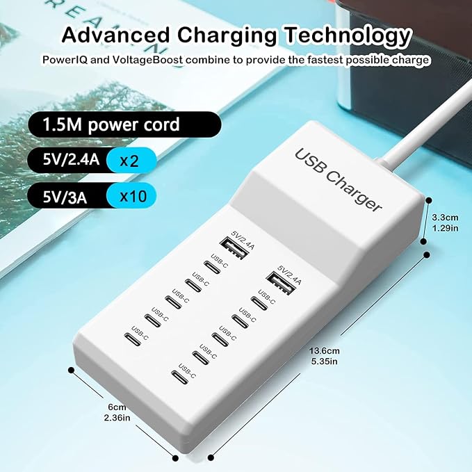USB C Charger, 12 Ports USB Charging Station, 60W MultiPort Charger, Compatible - Image 4