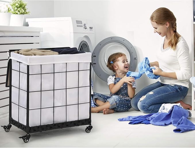 Durable Laundry Hamper with Removable Liner Bag, Heavy Duty Wheels, Wood Lid - Image 2