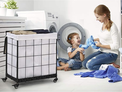 Durable Laundry Hamper with Removable Liner Bag, Heavy Duty Wheels, Wood Lid - Image 2