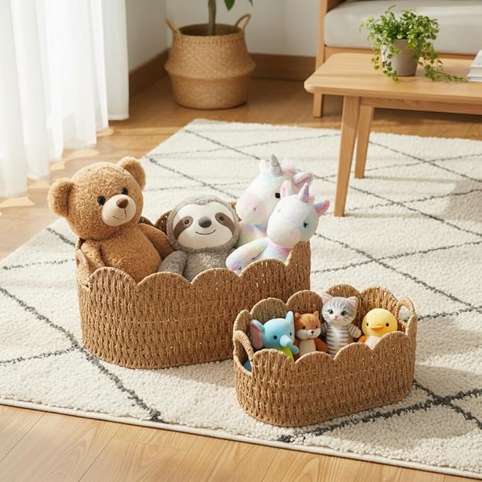 Paper Rope Scalloped Basket Set of 2, Woven Storage Baskets - Image 5