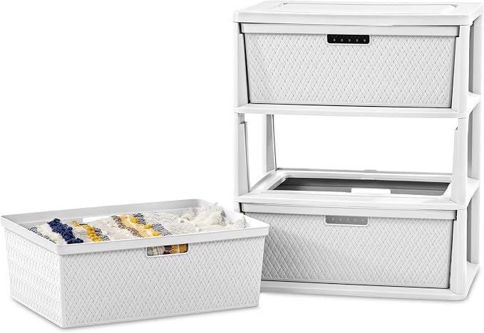 2 Pack Wide 3 Drawer Plastic Storage Tower White Stackable Organizer | - Image 6