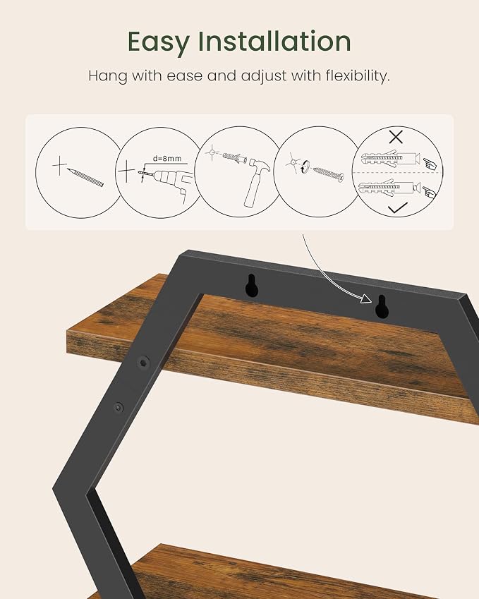 Hexagon Floating Shelves for Wall, 2 -Tier Hanging Shelves, Wall Mounted - Image 5