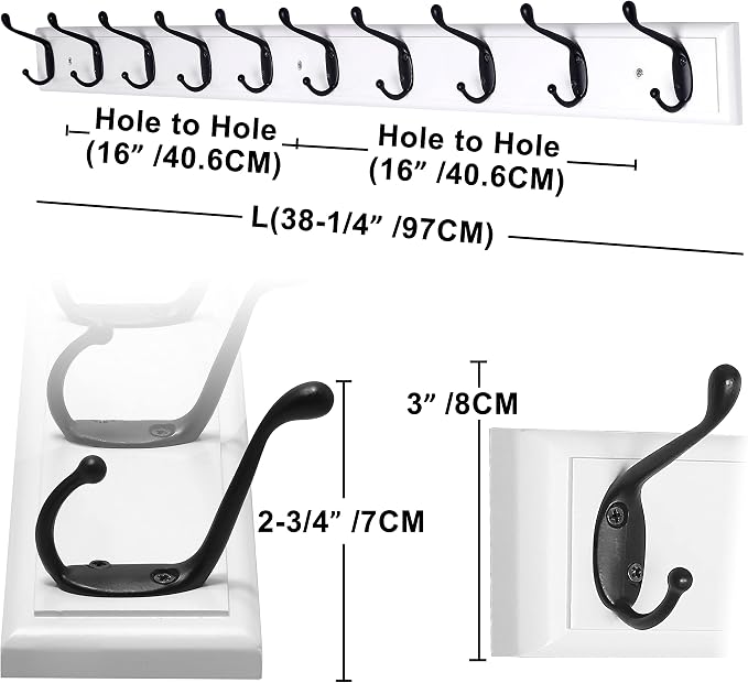 Dseap Coat Rack Wall Mounted: 10-Hooks, 38-1/4" Long, Wood Coat Hooks Wall - Image 2