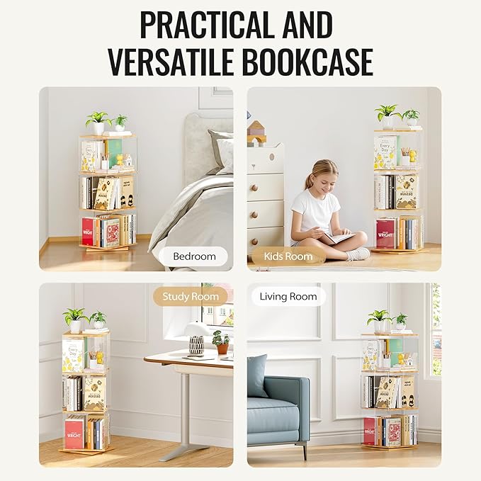 TAKEKIT 3-Tier Rotating Bookshelf, 360° Spinning Book Shelf Tower - Image 7