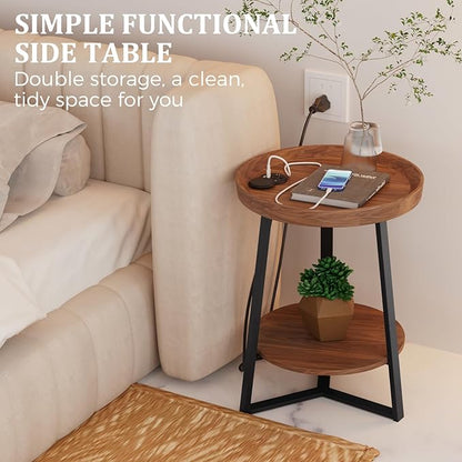 Gadroad Round End Table with Charging Station, USB Ports, Wood Tabletop & Black - Image 6