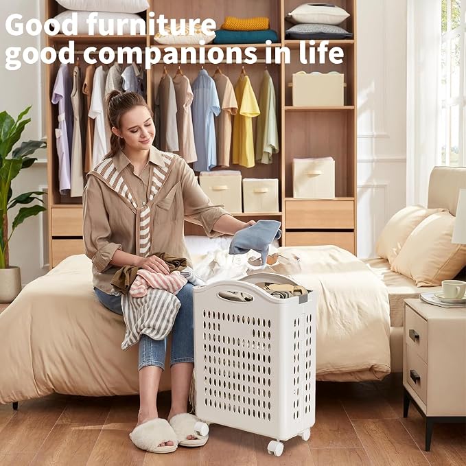 Rolling Laundry Hamper with Wheels White Plastic Storage Bin with Handles - Image 8