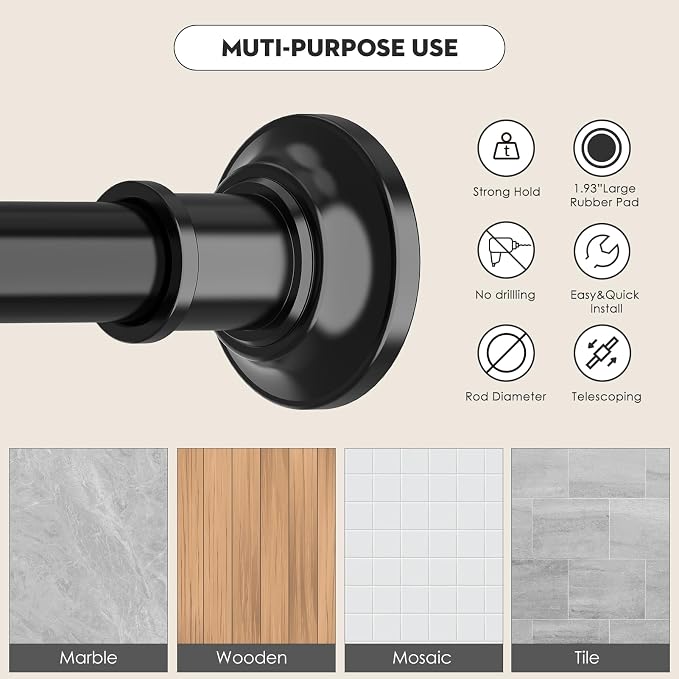 Heavy Duty Black Shower Curtain Rods 30-88 In 1.1" Dia AdjustableTesnion | - Image 3