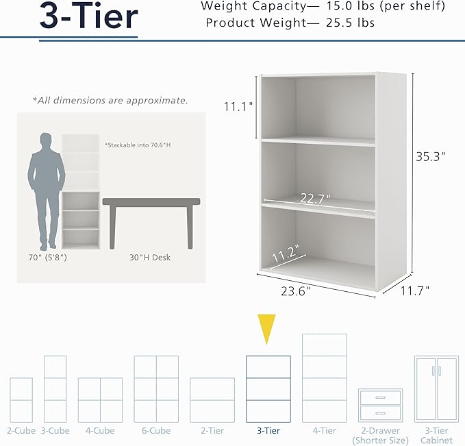 Homes: Inside + Out Apexa 3-Tier Cube Storage Organizer Shelves, Stackable Wood - Image 3