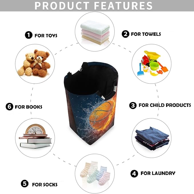 Basketball With Fire And Water Large Capacity Laundry Hamper Basket - Image 4