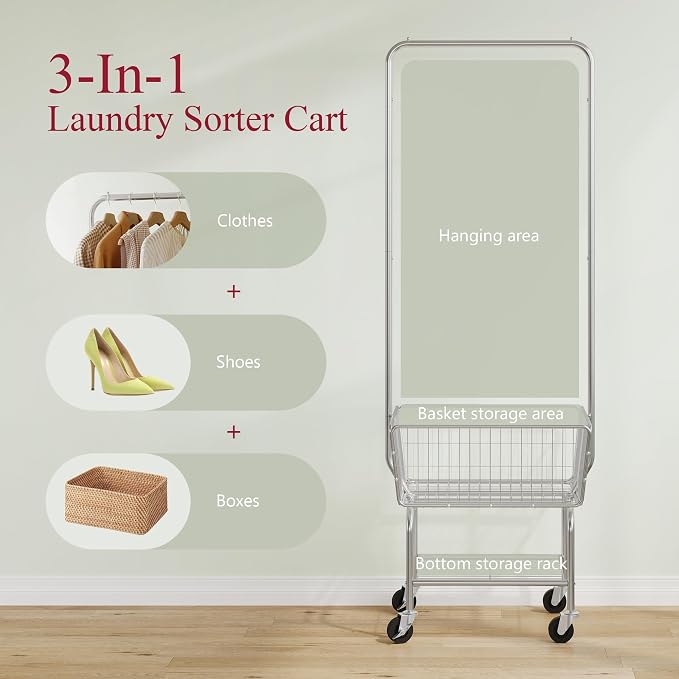 Tajsoon Laundry Cart with Hanging Rack, Metal Rolling Laundry Cart with Wheels - Image 3
