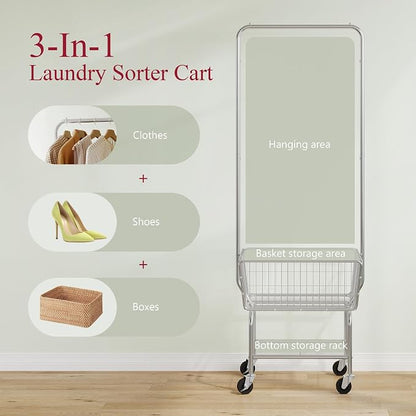 Tajsoon Laundry Cart with Hanging Rack, Metal Rolling Laundry Cart with Wheels - Image 3